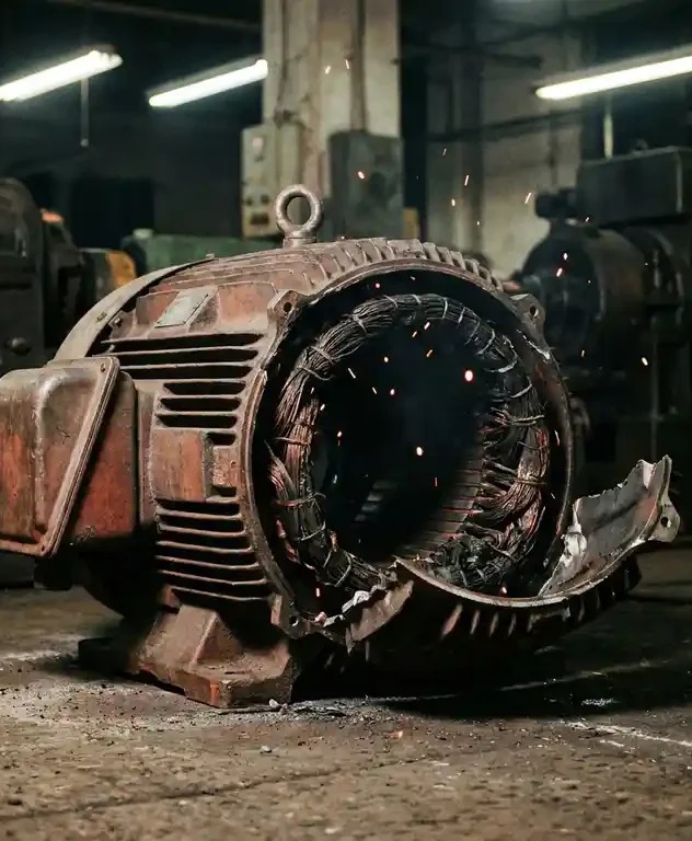 Gespleten industriële elektromotor op fabrieksloer met verschroeide koperen wikkelingen en vonken, roestbruin en antraciet.