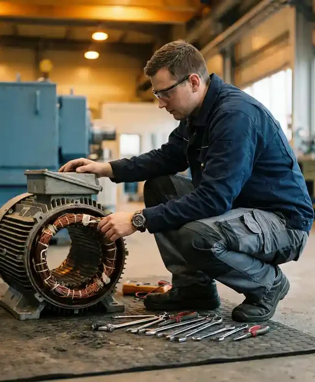 Monteur in werkkleding naast een geopende industriële elektromotor op een fabrieksvloer, gereedschap uitgelegd op een rubberen mat.