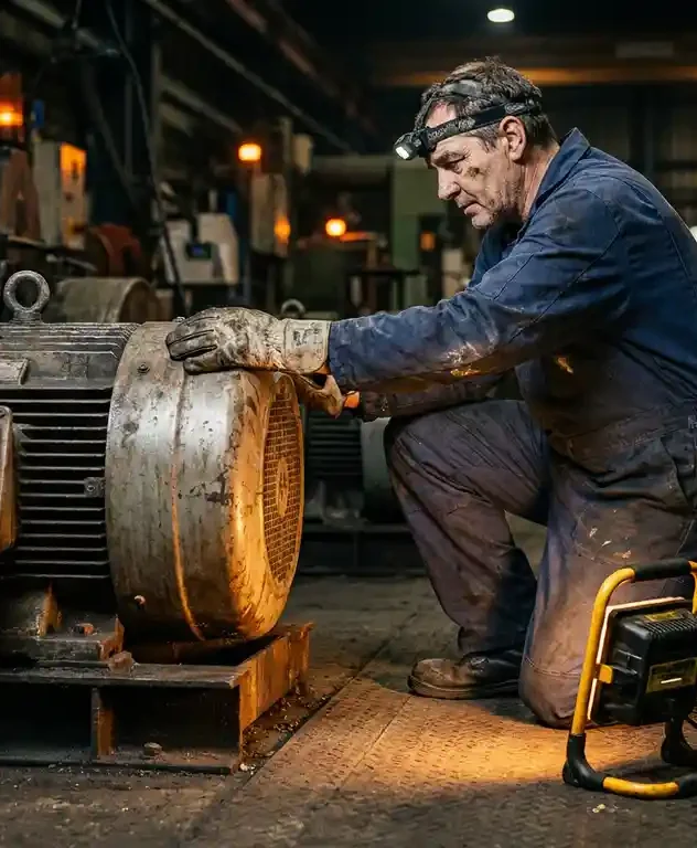 EME-technicus in marineblauwe overall naast een grote industriële elektromotor op een fabriekshal vloer, verlicht door een warme werklamp.