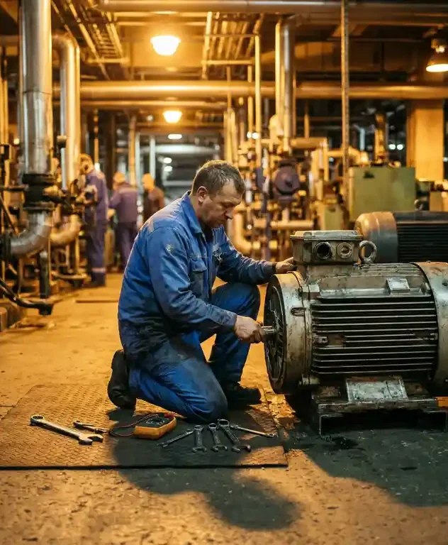 Technicus in blauwe werkkleding knielt bij grote industriële elektromotor op fabriekslocatie, gereedschap uitgestald op rubberen mat.