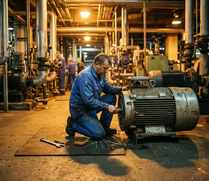 Technicus in blauwe werkkleding knielt bij grote industriële elektromotor op fabriekslocatie, gereedschap uitgestald op rubberen mat.