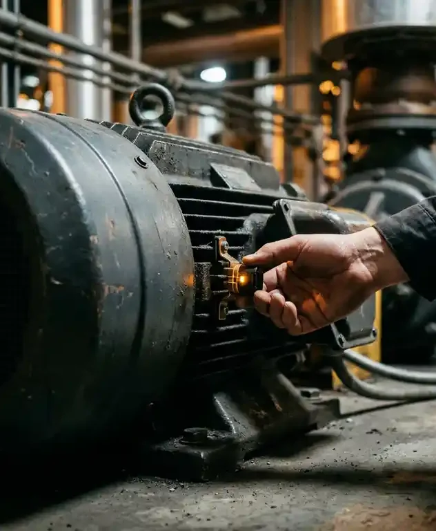 Technicus bevestigt vibratiesensor op industriële elektromotor in fabriek, stalen leidingen op de achtergrond.