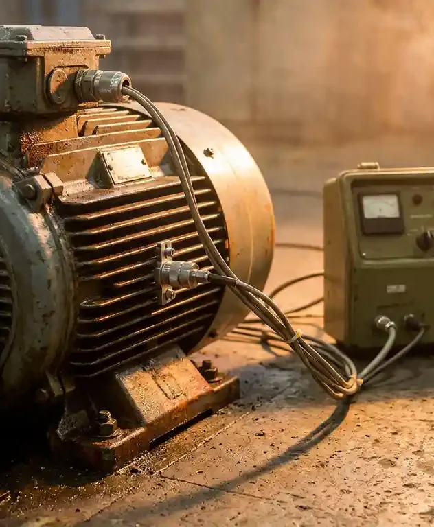 Industriële elektromotor op fabrieksvoer met trillingsensor op behuizing en kabels naar monitoringsysteem, warme amberverlichting.