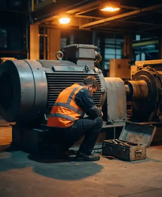 EME-technicus in veiligheidsvest inspecteert grote industriële elektromotor op fabrieksvloer, open gereedschapskist naast hem, amberkleurig nachtlicht.