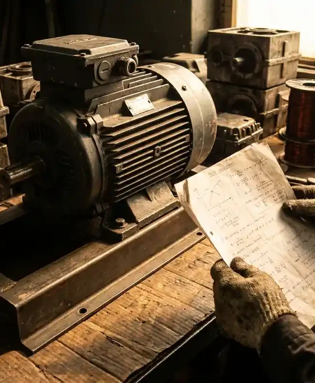 Zware elektromotor op stalen frame, technicus houdt berekeningsblad vast naast tandwielkasten en koperen wikkelingen op werkbank.
