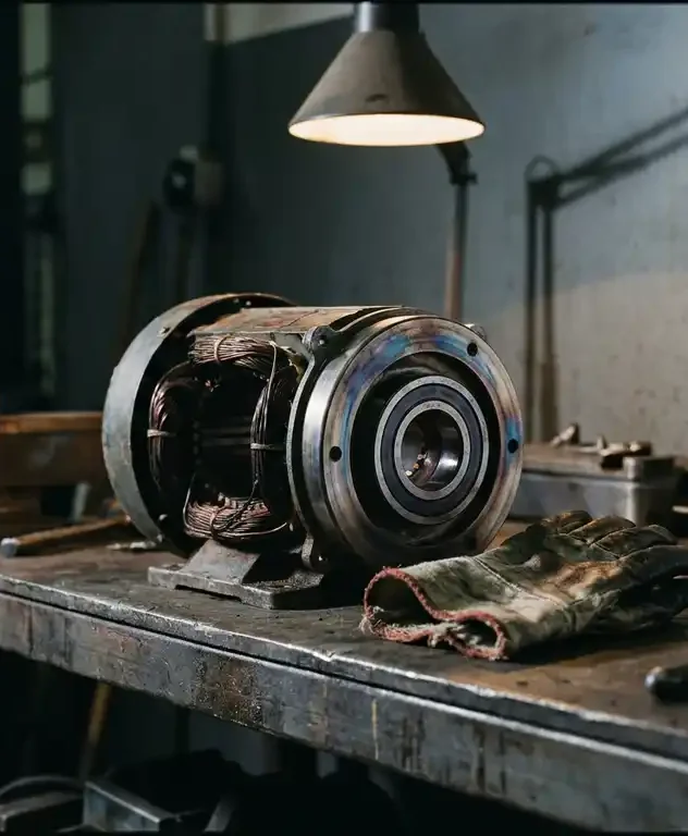Gedemonteerde industriële elektromotor op stalen werkbank met versleten koperen wikkelingen en hitteverkleurde lager.