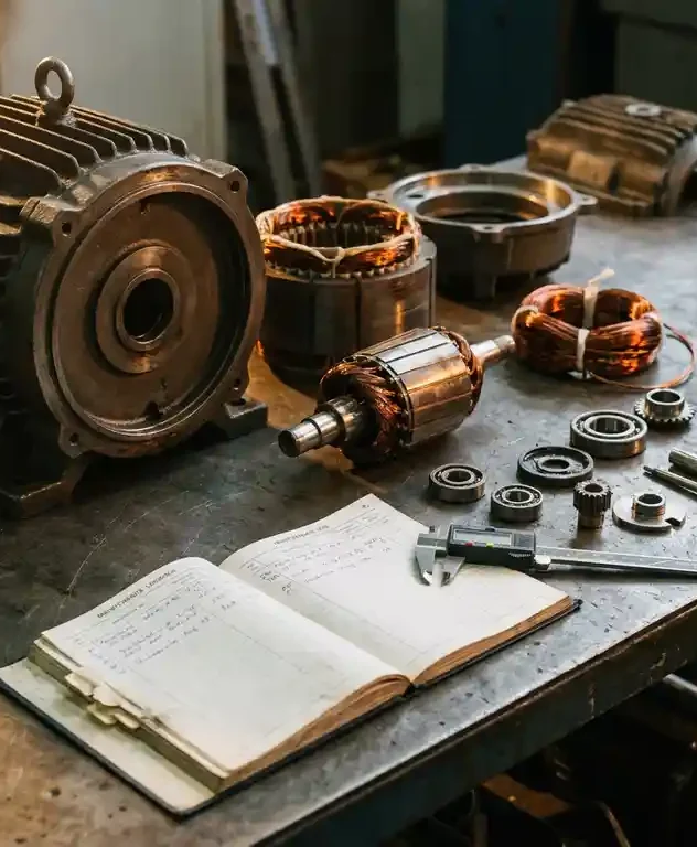 Gedemonteerde industriële elektromotor op stalen werkbank met koperen wikkelingen, precisieonderdelen, meetschuif en onderhoudslogboek.