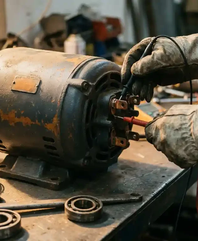 Technicus meet spanning op koperen wikkelingsklemmen van een zware elektromotor met multimeter, diagnostisch gereedschap op werkbank.
