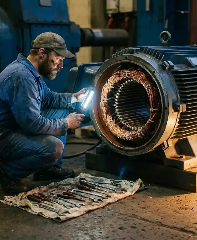 Technicus in blauwe overall inspecteert koperen wikkelingen van een grote elektromotor op een fabriekshal vloer met zaklamp.