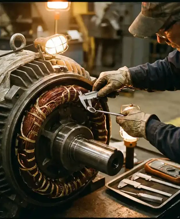 Technicus inspecteert koperen wikkelingen van grote industriële elektromotor in werkplaats met precisiegereedschap.