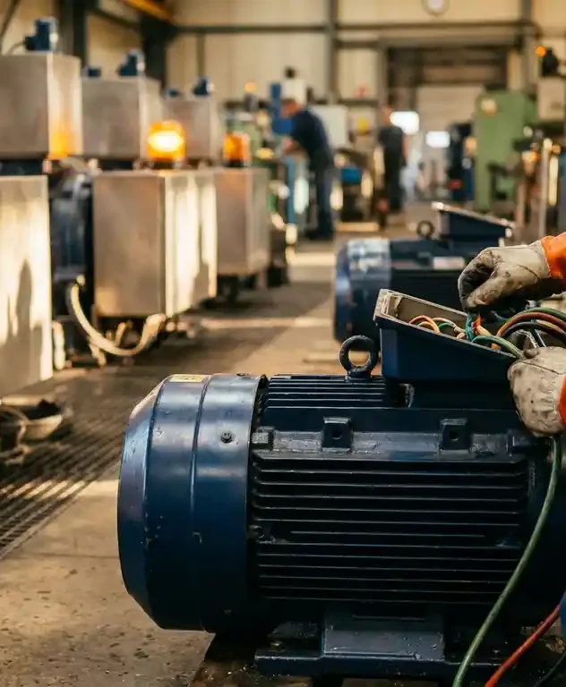 Technicus verbindt diagnostische kabels aan elektromotor tijdens inspectie in fabriek, oranje waarschuwingslichten op achtergrond.