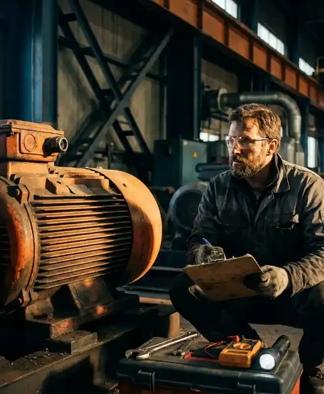 Ervaren technicus inspecteert grote elektromotor op fabrieksvloer met klembord en meetinstrumenten bij dramatisch zijlicht.