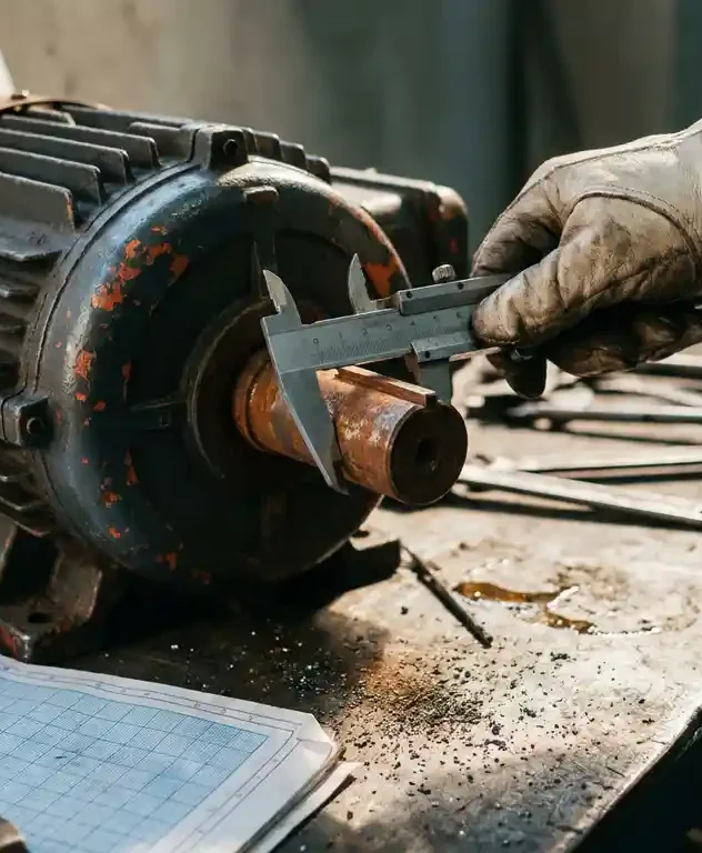 Technicus meet gecorrodeerde as van versleten elektromotor met schuifmaat op stalen werkbank, technische tekeningen en metaalspanen op de achtergrond.