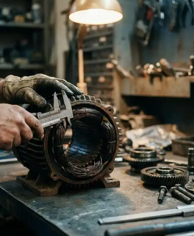 Technicus meet versleten koperen spoelwikkeling van elektromotor met schuifmaat op stalen werkbank.