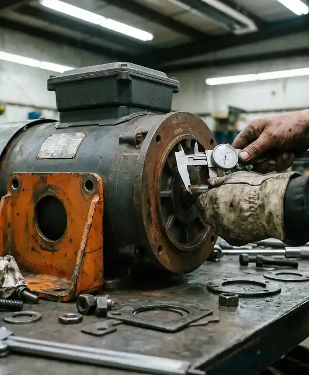 Technicus meet elektromotorflens met precisie-instrument op stalen werkbank, omringd door metalen shims en bouten.