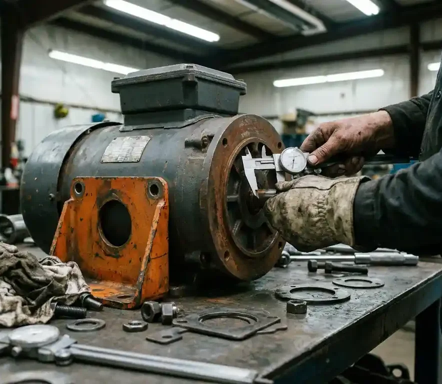 Technicus meet elektromotorflens met precisie-instrument op stalen werkbank, omringd door metalen shims en bouten.