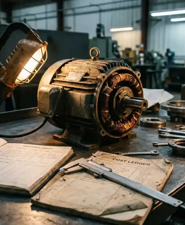 Versleten industriële elektromotor op stalen werkbank met onderhoudslogboek, precisiegereedschap en vervangingsonderdelen in amberkleurig fabriekslicht.