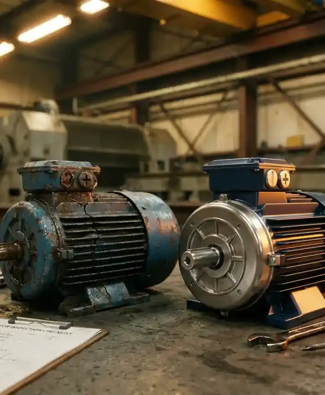 Versleten elektromotor naast gereviseerde motor op fabrieksvoer, met inspectiechecklist en gereedschap onder warm fabriekslicht.