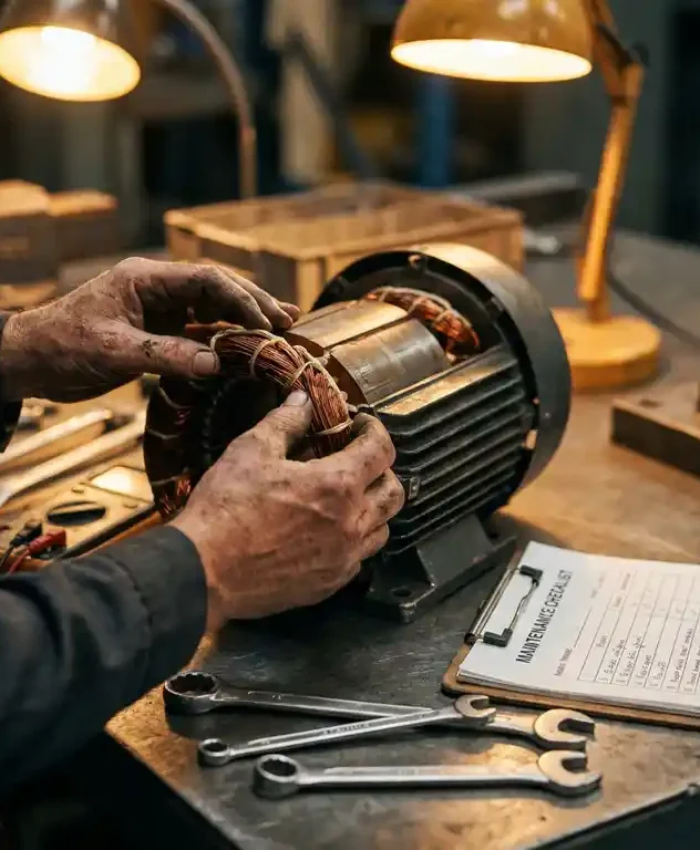 Technicus inspecteert koperen wikkelingen van een geopende elektromotor op werkbank, met precisiegereedschap en onderhoudsklembord ernaast.