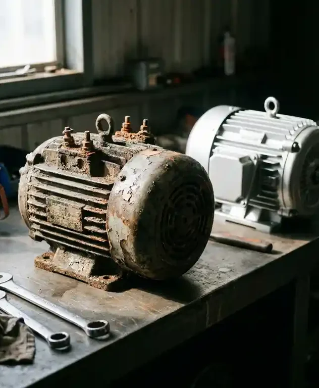 Versleten industriële elektromotor met roestige aansluitingen naast een identieke, schoongemaakte motor op een stalen werkbank.
