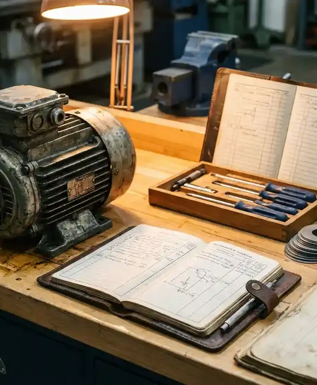 Versleten elektromotor op werkbank naast onderhoudslogboek en precisiegereedschap, omgeven door gestapelde metalen componenten in warm amberlicht.