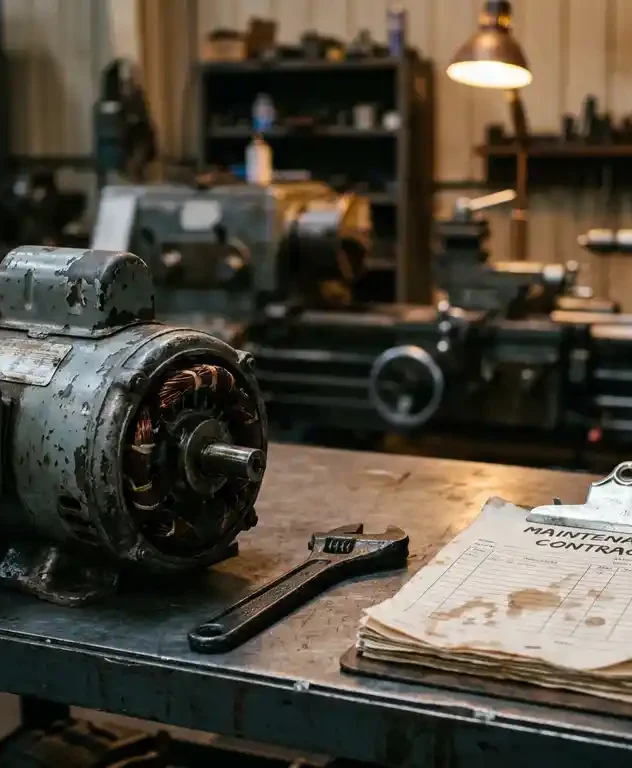 Versleten elektromotor op stalen werkbank naast onderhoudscontract klembord met vettige moersleutel, industriële werkplaatsomgeving.