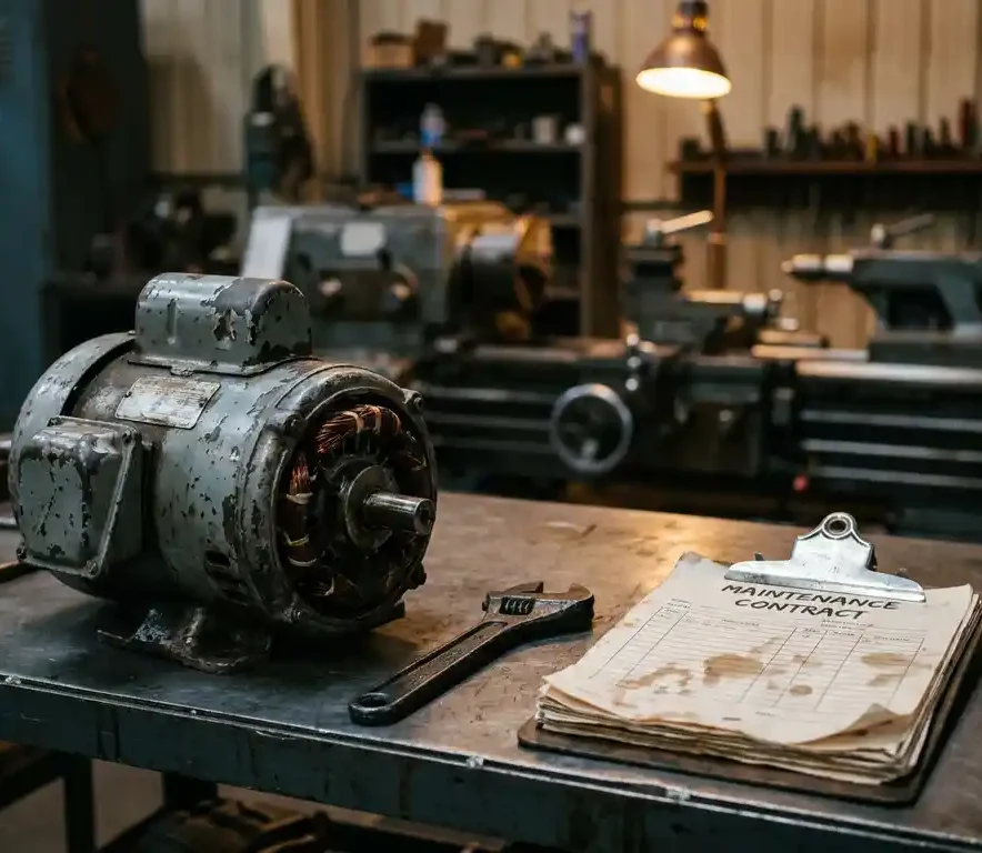 Versleten elektromotor op stalen werkbank naast onderhoudscontract klembord met vettige moersleutel, industriële werkplaatsomgeving.