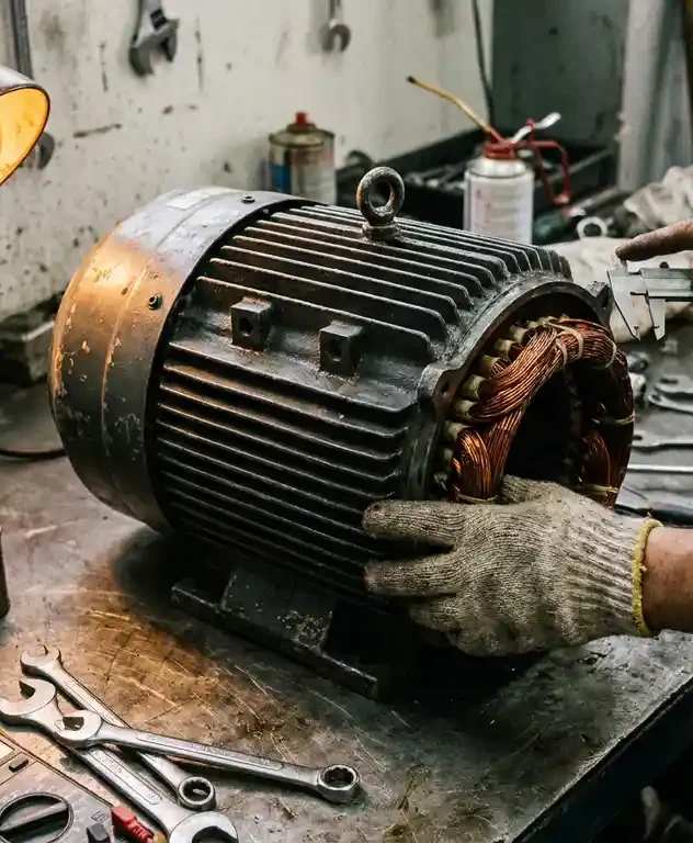 Technicus inspecteert koperen wikkelingen van een industriële elektromotor tijdens demontage op stalen werkbank.