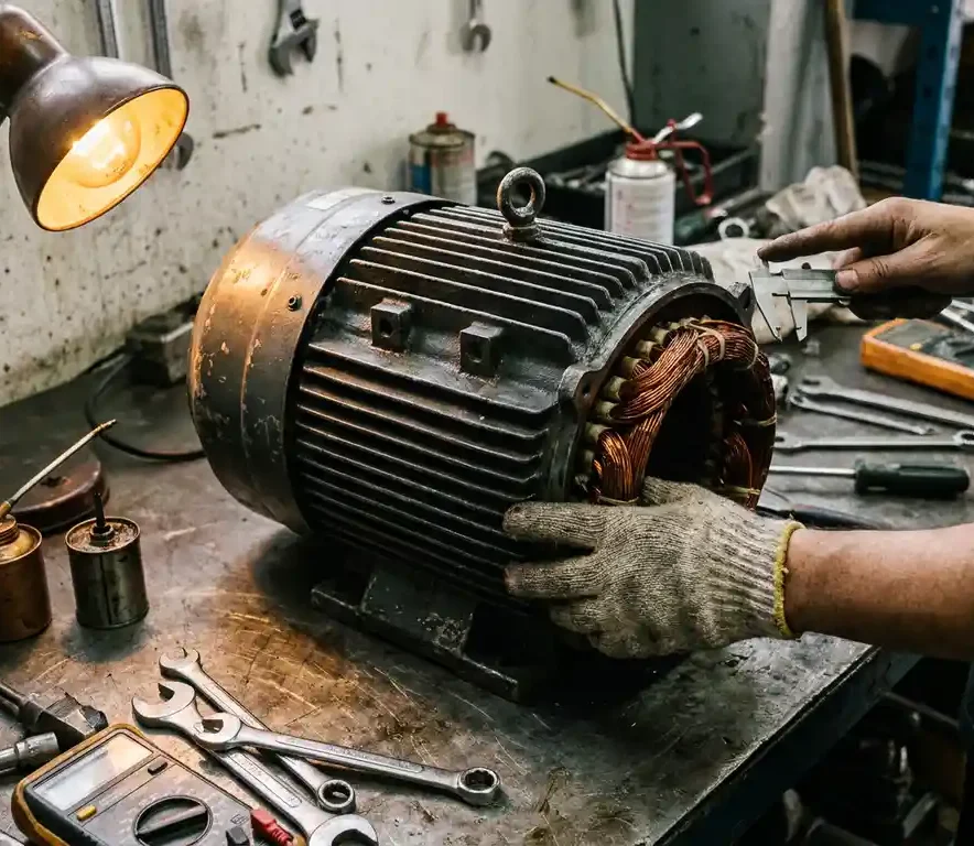 Technicus inspecteert koperen wikkelingen van een industriële elektromotor tijdens demontage op stalen werkbank.