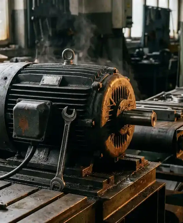 Stilstaande industriële elektromotor op fabrieksloer met moersleutel tegen behuizing, hitteschijn boven het metaal.