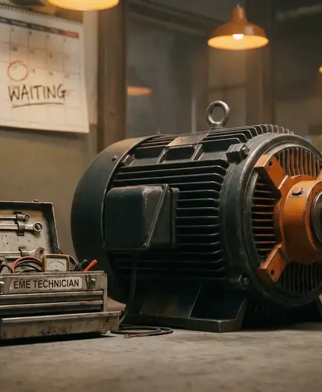 Zware elektromotor op fabrieksloer naast open gereedschapskist van EME-technicus, wandkalender op achtergrond, warm amberkleurig licht.