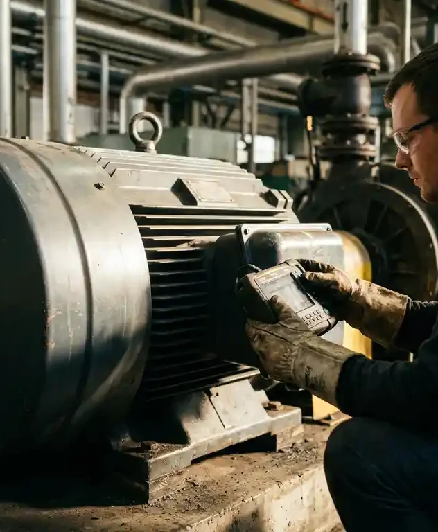 Technicus met werkhandschoenen die een diagnostisch apparaat gebruikt op een grote industriële elektromotor in een fabriek.