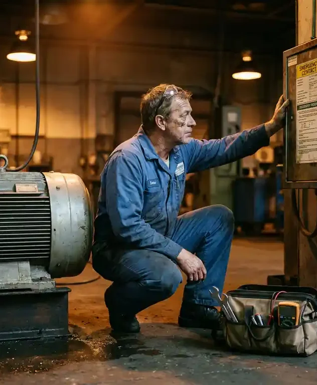 Industrieel technicus in blauw werkpak naast een grote elektromotor op fabrieksvoer, controleert noodcontactpaneel aan de muur.