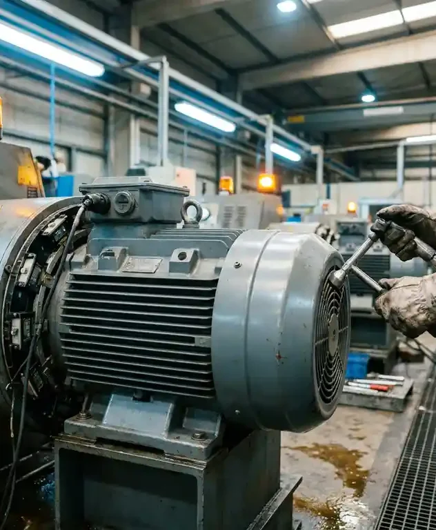 Technicus meet industriële elektromotor met handheld probe, terwijl vaste sensorarray om behuizing is gemonteerd in fabriek.