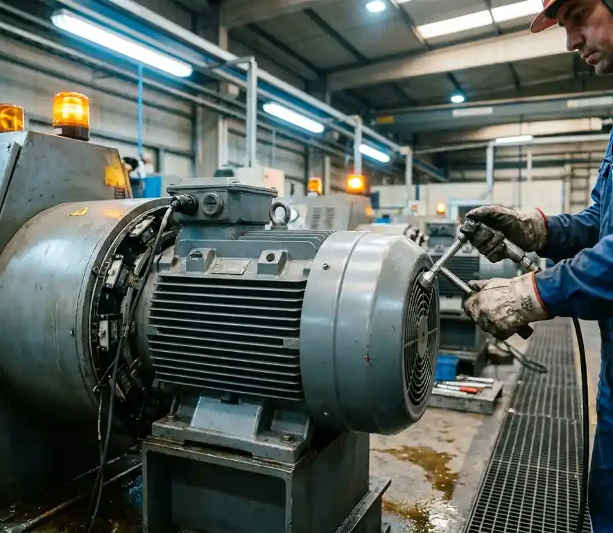 Technicus meet industriële elektromotor met handheld probe, terwijl vaste sensorarray om behuizing is gemonteerd in fabriek.