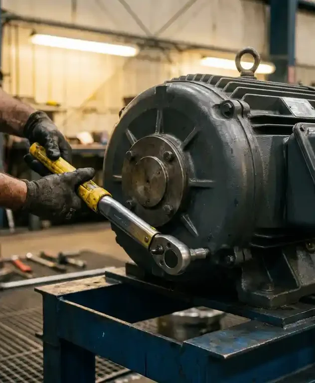 Technicus stelt momentsleutel af op behuizing van industriële elektromotor op stalen machineframe.
