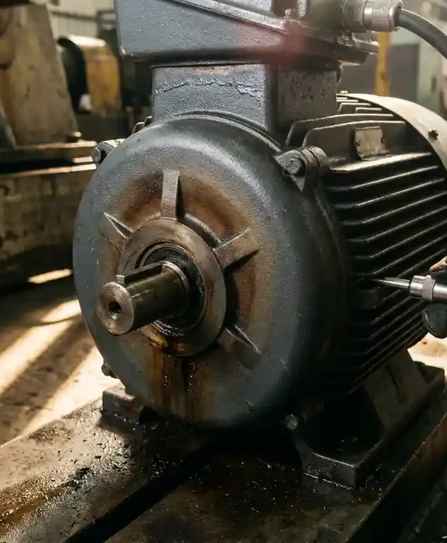 Technicus met trillingsensor op versleten industriële elektromotor met olielek en hitteverkleuringen op de behuizing.