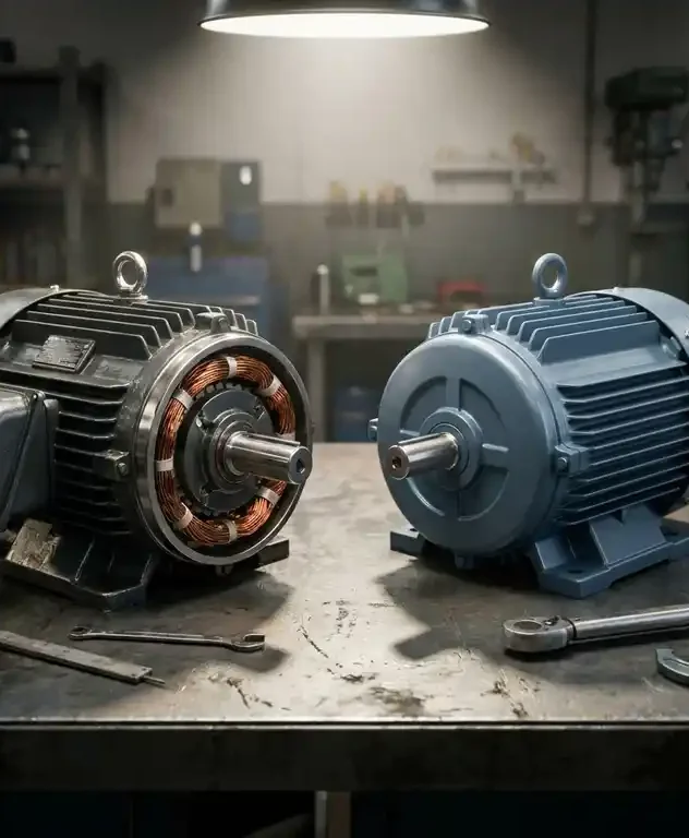 Gereviseerde elektromotor naast nieuwe motor op stalen werkbank, met glanzende koperen wikkelingen en industrieel gereedschap.