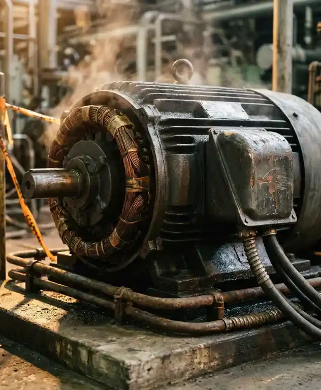 Industriële elektromotor met koperen wikkelingen en versleten behuizing op fabrieksvloer, omgeven door zware kabels en metalen leidingen.