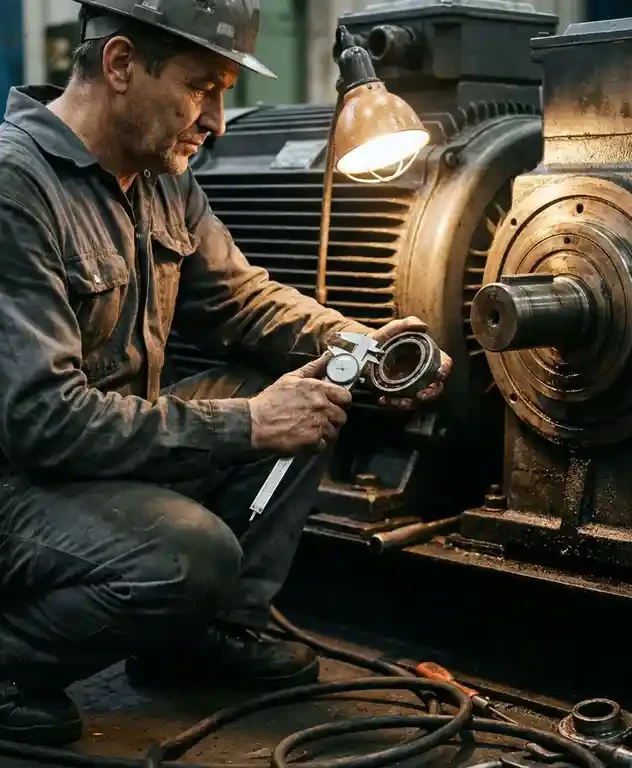 Technicus in werkoverall inspecteert versleten lagercomponenten van een grote industriële elektromotor met meetgereedschap.