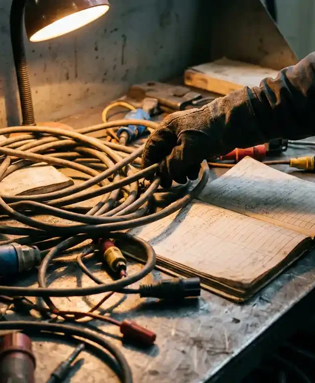 Technicus met handschoen traceert industriële kabel tussen kleurgecodeerde connectoren en logboeken op stalen werkbank.