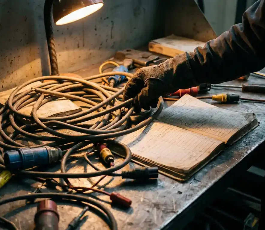 Technicus met handschoen traceert industriële kabel tussen kleurgecodeerde connectoren en logboeken op stalen werkbank.