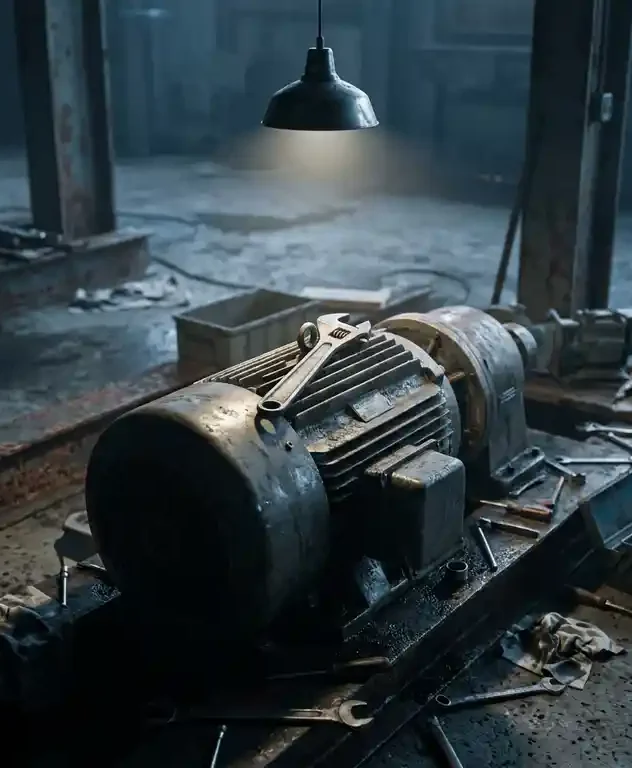 Versleutelde moersleutel op een stilstaande industriële elektromotor in een donkere fabriekshal, verlicht door een enkel spotlicht.