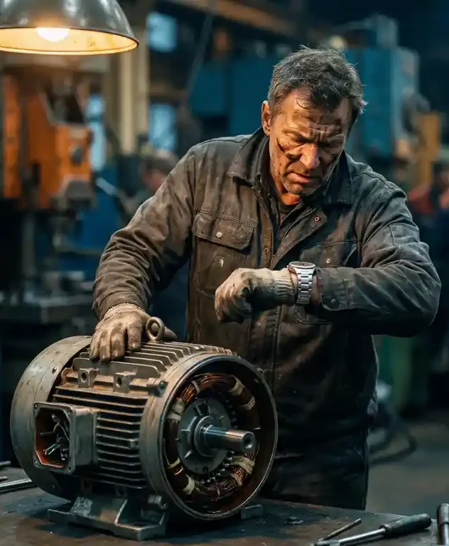 Industrieel technicus controleert horloge naast een elektromotor in reparatie op een fabriekshal, warme amberverlichting.