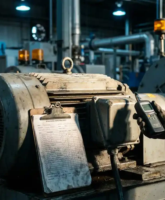 Verweerde industriële klembord met inspectielijst tegen een elektromotor, technicus met trillingsmeetinstrument op actieve fabrieksvloer.