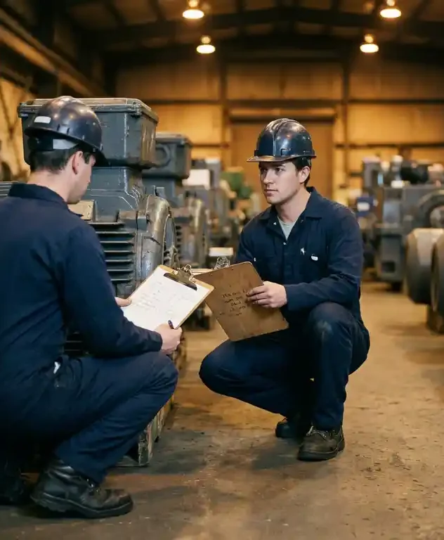 Technicus met klembord inspecteert grote industriële elektromotor op fabriekshal vloer, omgeven door motoren en versnellingsbakken.