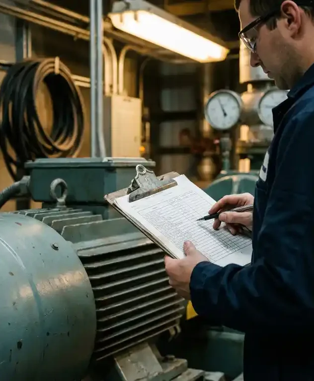 Technicus inspecteert klembord naast grote elektromotorinstallatie met meters en kabelgoten op de achtergrond.