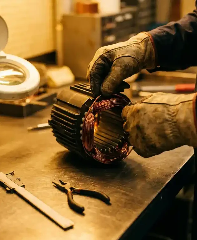 Technicus wikkelt koperen spoelen om een elektromotorkern op een stalen werkbank, precisiegereedschap en schuifmaten op de voorgrond.