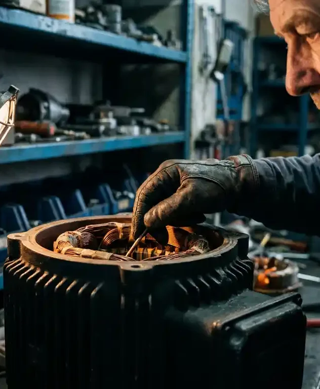 Technicus inspecteert slijtage aan koperen wikkelingen van grote industriële elektromotor met beschermende handschoenen.