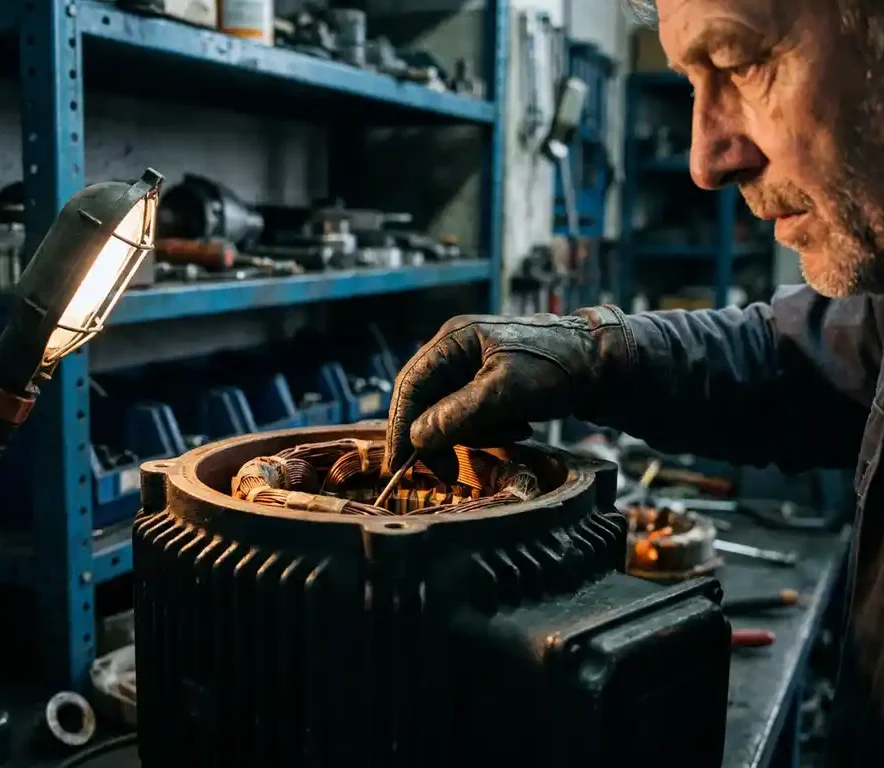 Technicus inspecteert slijtage aan koperen wikkelingen van grote industriële elektromotor met beschermende handschoenen.